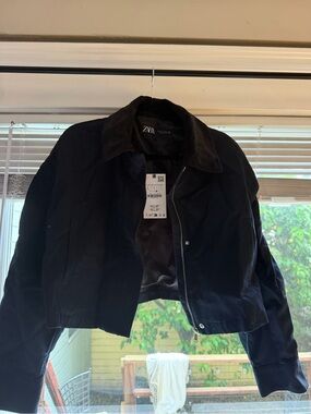 Zara Navy Zip-Front Cropped Jacket